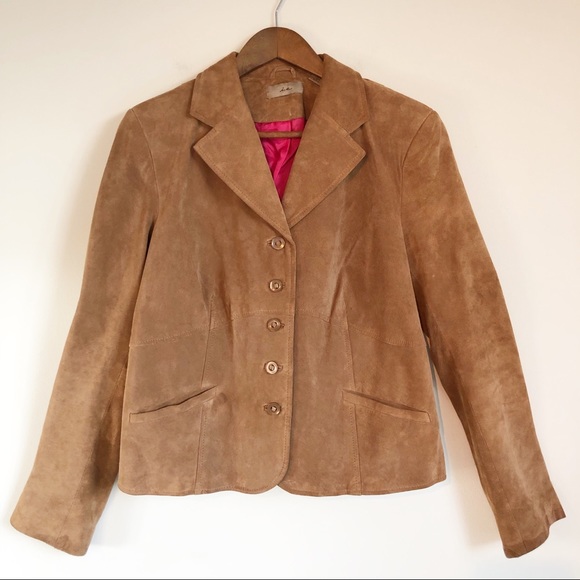 i.e. Women’s Genuine Leather Suede Tan Camel Blazer, size Large Button Front - Picture 8 of 16